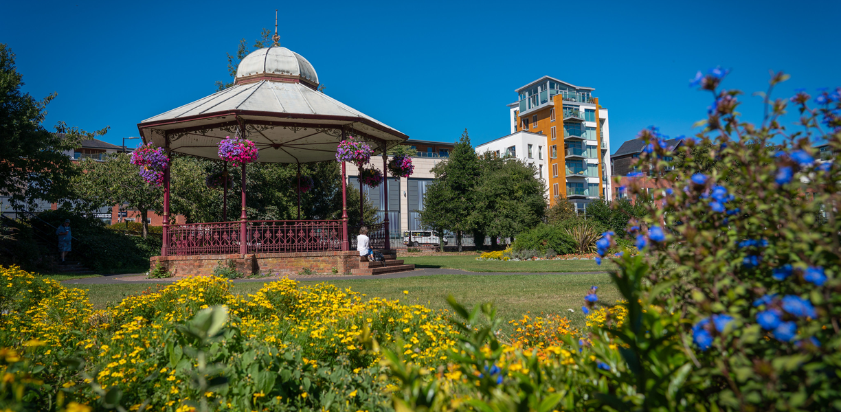 Park with bandstand and flowers