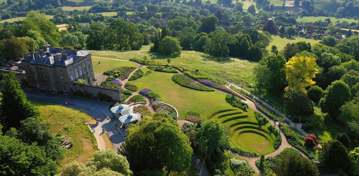 Green gardens and fields seen from above