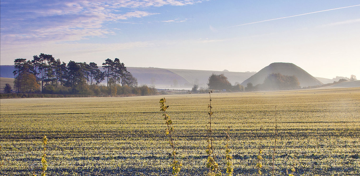 Silbury Hill in Wiltshire on a frosty day