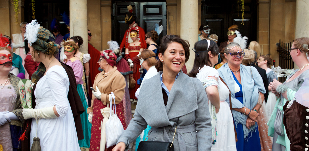 Crowd dressed up in regency costumes