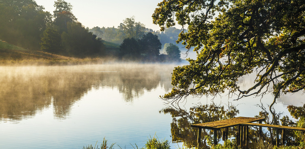 Mist hanging over a lake surrounded by Autumn trees
