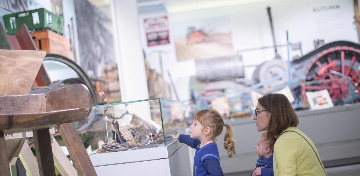 Woman with two children looking at museum exhibit