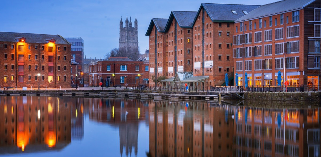 Brightly lit buildings in Gloucester